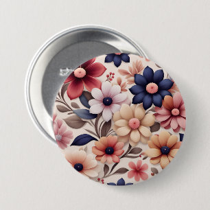 Bold flowers and leaves pattern pink 3 inch round button