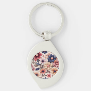 Bold flowers and leaves pattern pink keychain