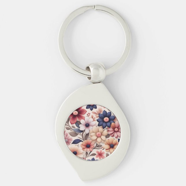 Bold flowers and leaves pattern pink keychain (Front)