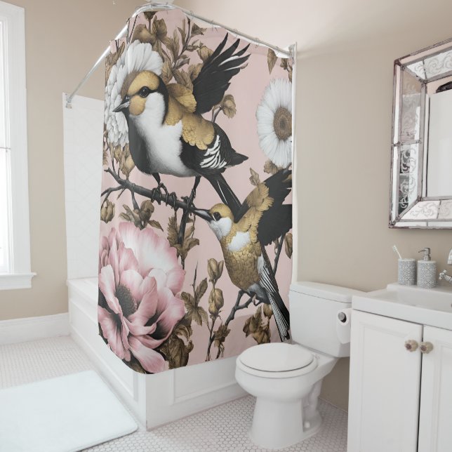 Bold Flowers Birds Pink Gold Modern  (In Situ)