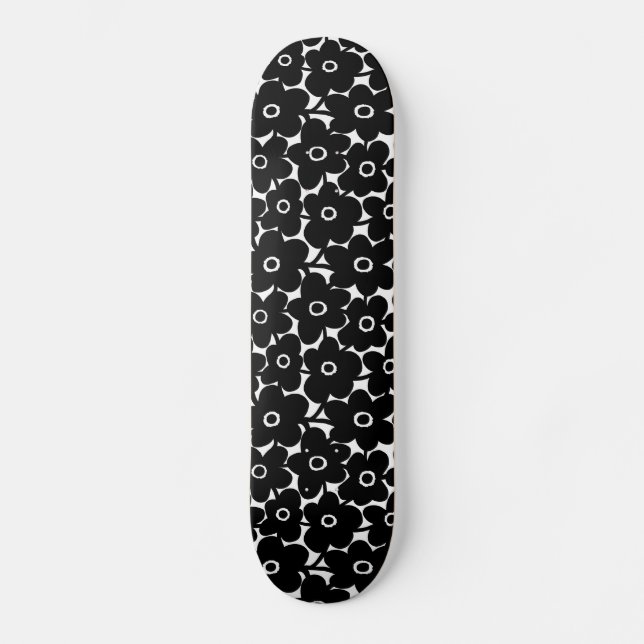 Bold Flowers - Black on White Skateboard (Front)