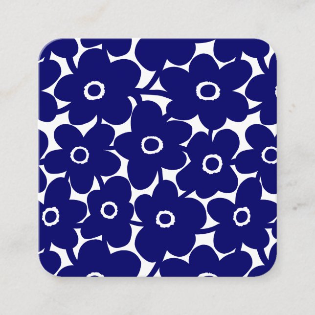 Bold Flowers - Dark Blue and White Square Business Card (Front)
