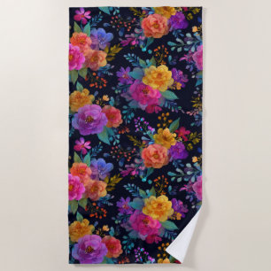 Bold Flowers on Black Vintage Aesthetic Glamourous Beach Towel