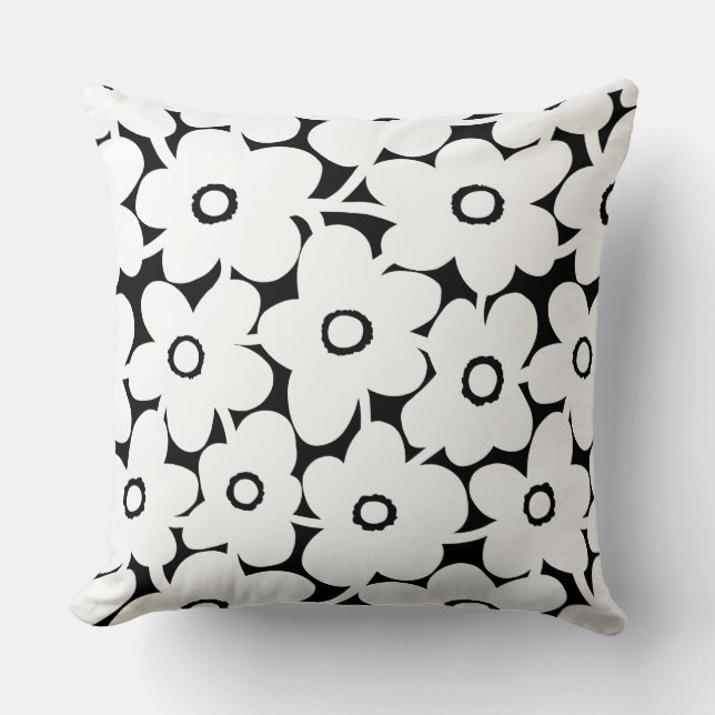 Bold Flowers - White on Black Throw Pillow (Front)