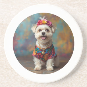 Bold Folk Art Self-Portrait Maltese Coaster