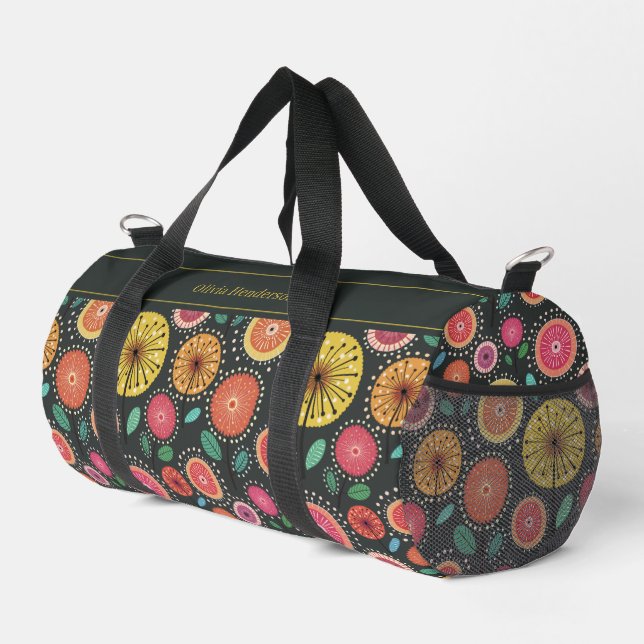 Bold Folk Floral Pattern Personalized Name  Duffle Bag (Right Corner)