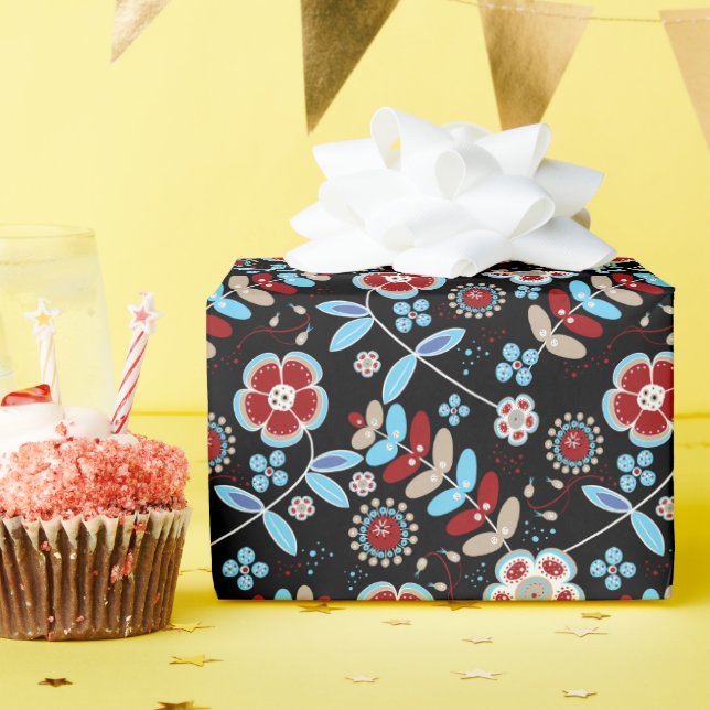Bold Folk Floral Pattern Wrapping Paper (Birthday Party)
