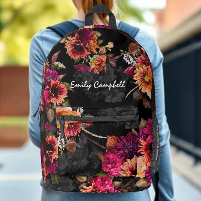 Bold Fuchsia Orange Floral Monogram Printed Backpack (Creator Uploaded)