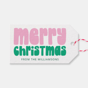 Bold Fun Pink Green Retro Merry Christmas Custom Gift Tags