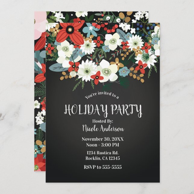 Bold Funky Colourful Floral Dark Chic Holiday Part Invitation (Front/Back)