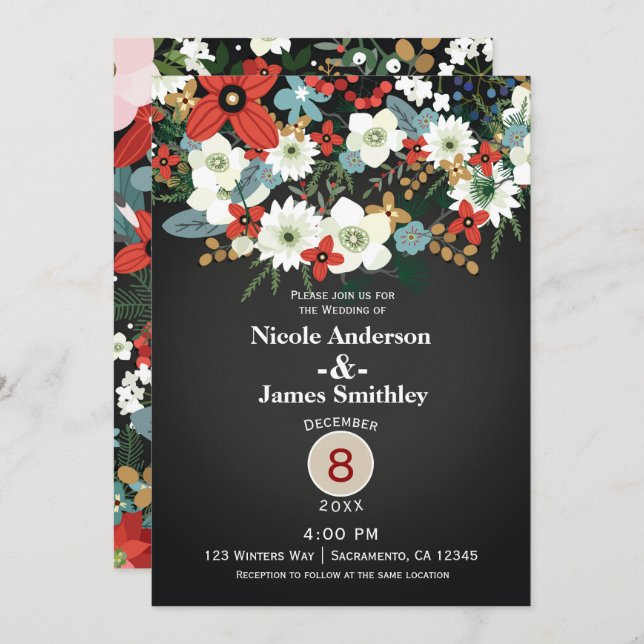 Bold Funky Colourful Floral Dark Chic Wedding Invitation (Front/Back)