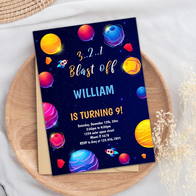 Bold Galaxy Theme for Kids Invitation (Orange Planet Outer Space Birthday Invitations)