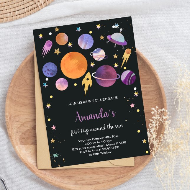 Bold Galaxy Theme for Kids Invitation (Black Planets Outer Space Birthday Invitations)
