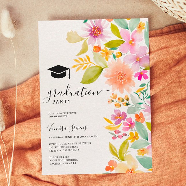 Bold garden watercolor flowers graduation invitation (Creator Uploaded)