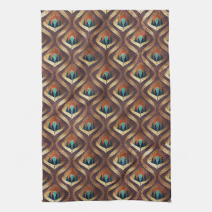Bold Geometric Art Deco in Teal and Brown Tones Kitchen Towel