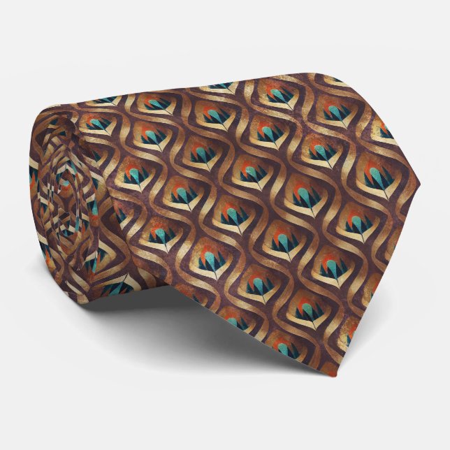 Bold Geometric Art Deco in Teal and Brown Tones Tie (Rolled)