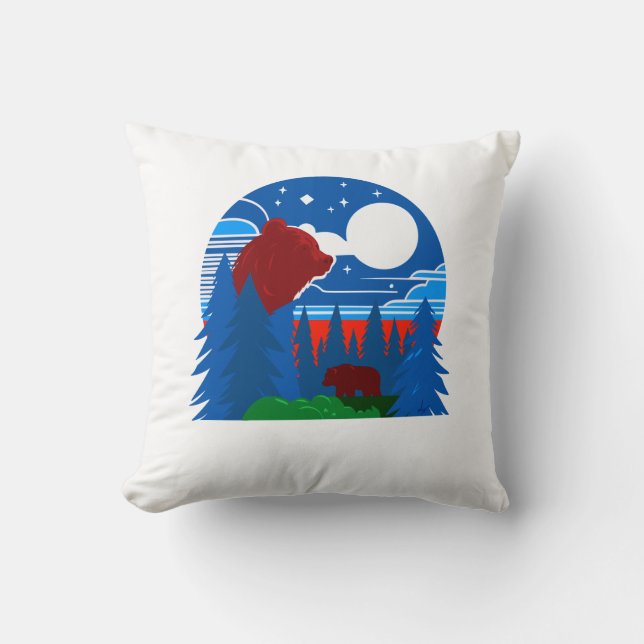 Bold Geometric Bear and Forest Illustration Throw Pillow (Front)