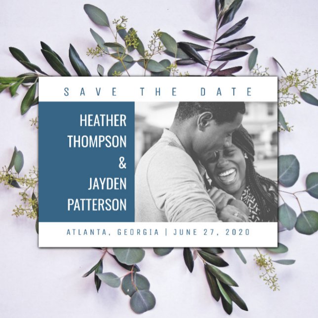 Bold Geometric Photo Save the Date | Blue (Blue Bold Geometric Photo Save the Date)