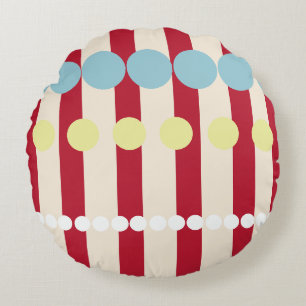 Bold Geometric Red Stripes & Colourful Dots Round Pillow