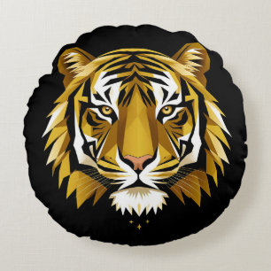 Bold Geometric Tiger Portrait With Abstract Golden Round Pillow