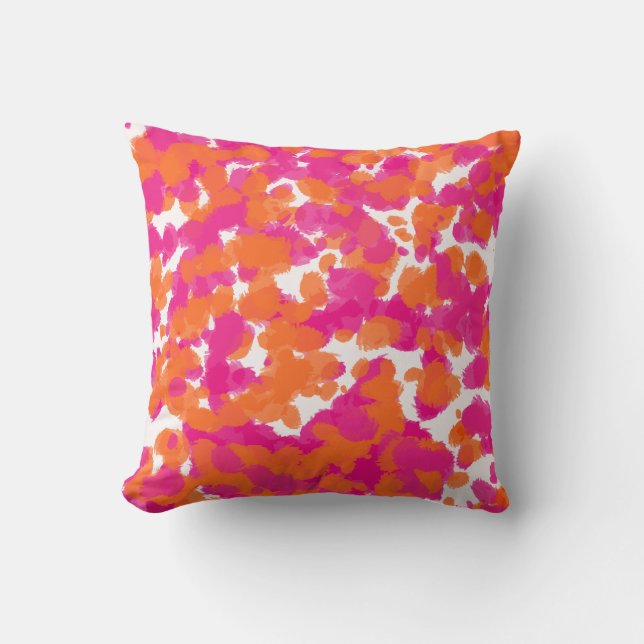 Bold Girly Hot Pink Fuchsia Orange Paint Splashes Throw Pillow (Front)
