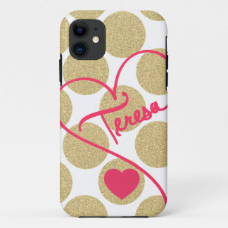 Bold Glitter Gold Dots Heart and Handwritten Name iPhone 11 Case