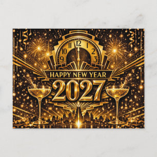 Bold Gold Art Deco City New Year 2027 Holiday Postcard