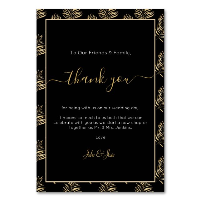 Bold gold fern leaf Wedding thank you Table Card (Front)