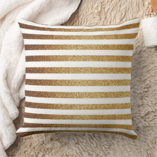 Bold gold glitter and white stripes throw pillow