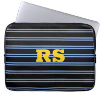 Bold Gold Monogram, Name, Blue Lines on Black
