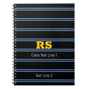 Bold Gold Monogram, Name, Blue Lines on Black Notebook