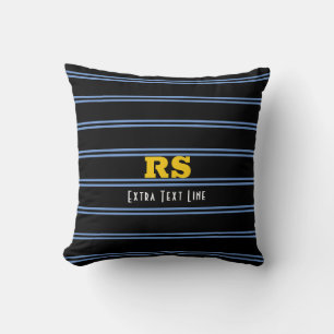 Bold Gold Monogram, Name, Blue Lines on Black Throw Pillow