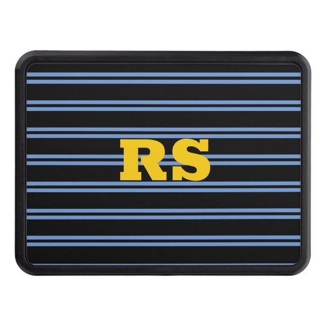 Bold Gold Monogram, Name, Blue Lines on Black Trailer Hitch Cover (Front)