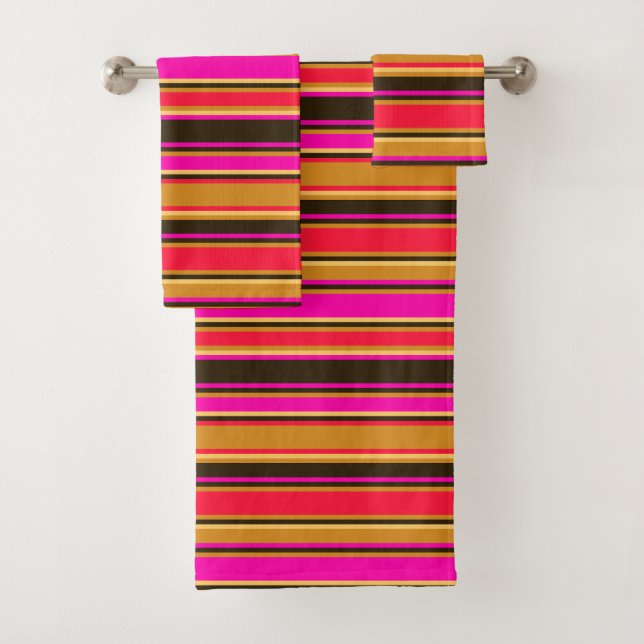 Bold Gold, Red, & Magenta Striped Towel Set (Insitu)
