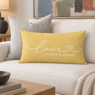 Bold Golden Yellow Love Heart Couple Names Lumbar Pillow