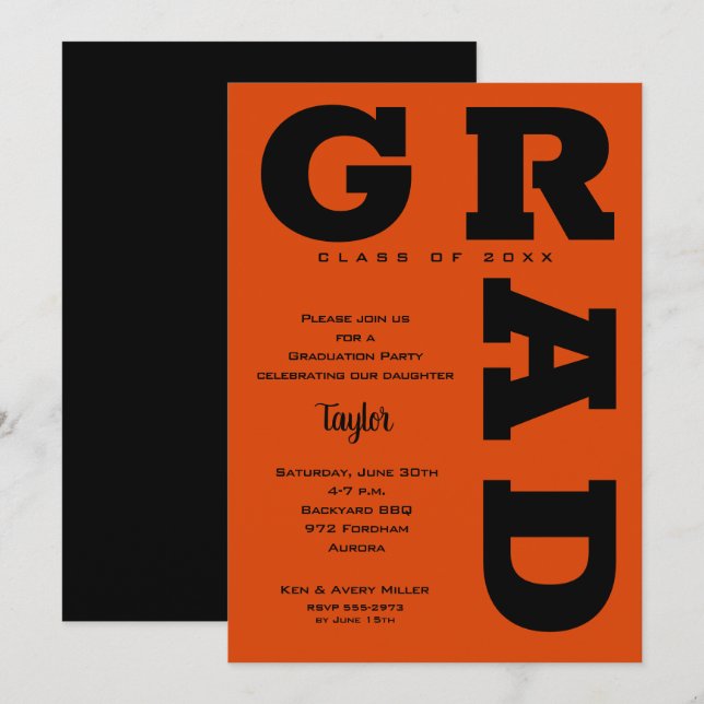 Bold GRAD Black and Orange Graduation Invitation (Front/Back)