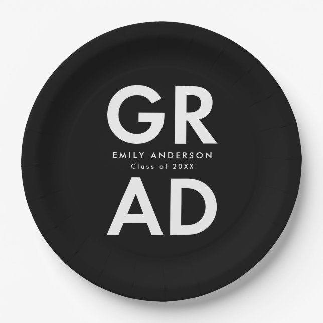 Bold Grad Black and White Graduation Paper Plate (Front)