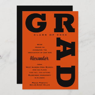 Bold GRAD Black on Orange Graduation  Announcement
