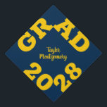 Bold GRAD Blue and Yellow Graduation Cap Topper<br><div class="desc">GRAD and your class year in bold yellow surround this dark blue graduation cap topper with your name in the middle. MATCHING items and more colours in our store.</div>