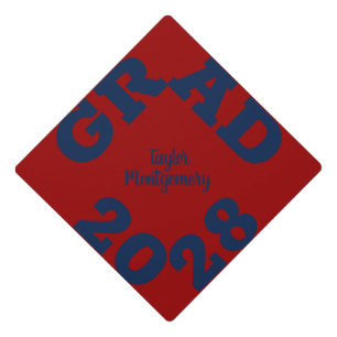 Bold GRAD Blue on Dark Red Graduation Cap Topper