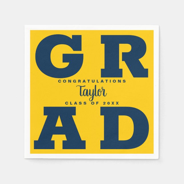 Bold GRAD Blue on Yellow Graduation Napkin (Front)