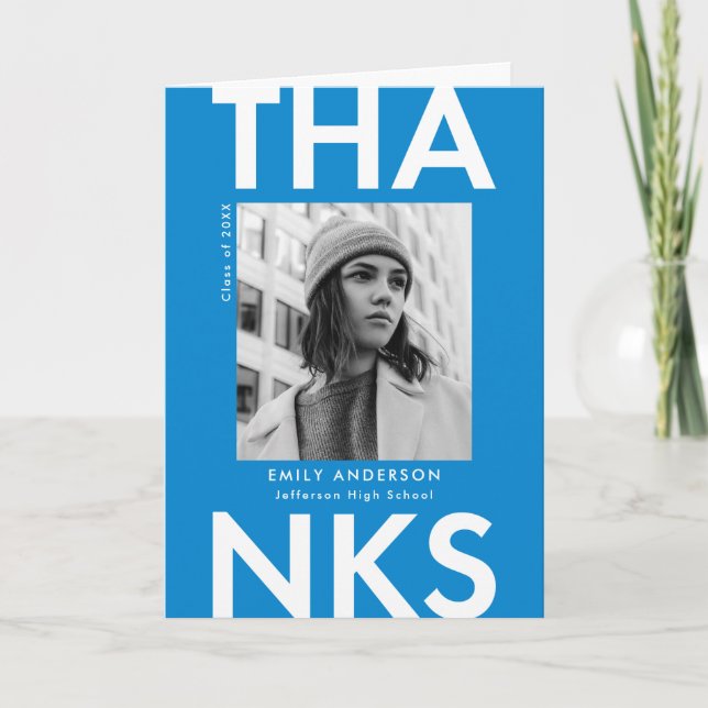 Bold Grad Blue Photo Graduation Thank You Card (Front)