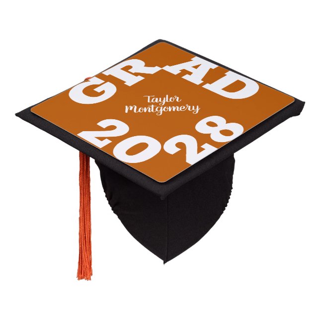 Bold GRAD Burnt Orange Graduation Cap Topper (Angled)