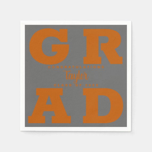 Bold GRAD | Burnt Orange on Grey Graduation Napkin (Front)