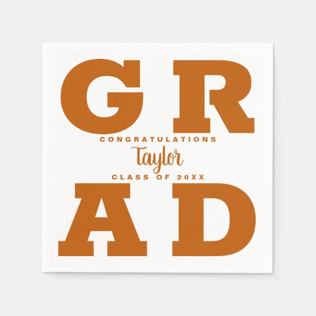 Bold GRAD | Burnt Orange on White Grad Napkins (Front)