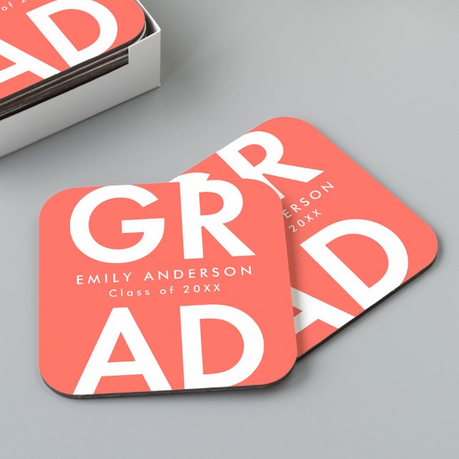 Bold Grad Coral Graduation Party Square Paper Coaster (Creator Uploaded)