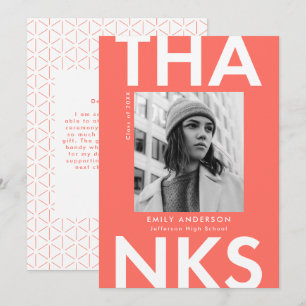 Bold Grad Coral Photo Graduation Thank You Card