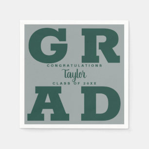 Bold GRAD Dark Green on Grey Graduation Napkins