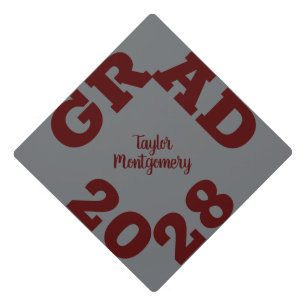 Bold GRAD Dark Maroon Grey Graduation Cap Topper