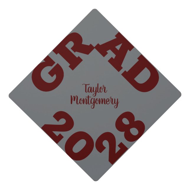 Bold GRAD Dark Maroon Grey Graduation Cap Topper (Front)